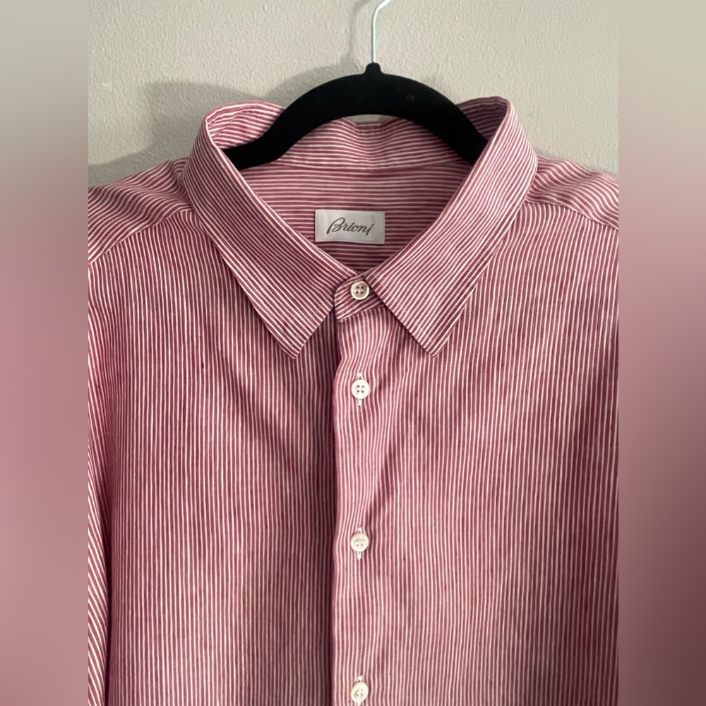 Brioni 3XL Red Striped Linen Button Down Shirt